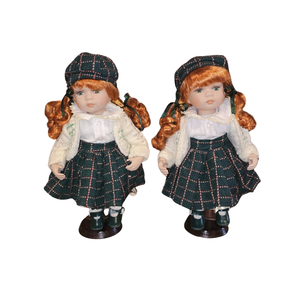 Twin 13" Porcelain Dolls with Red Hair & Green Eyes